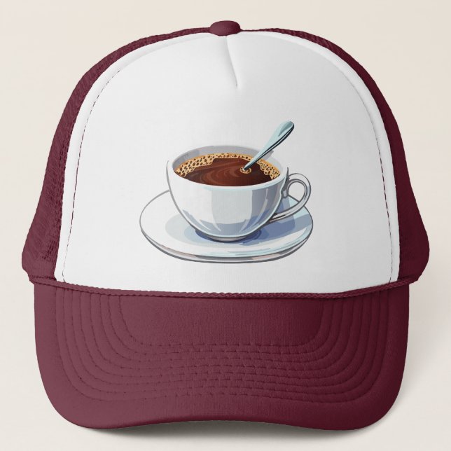 Vit kaffekopp på en tallrik fylld med kaffe keps (Framsida)