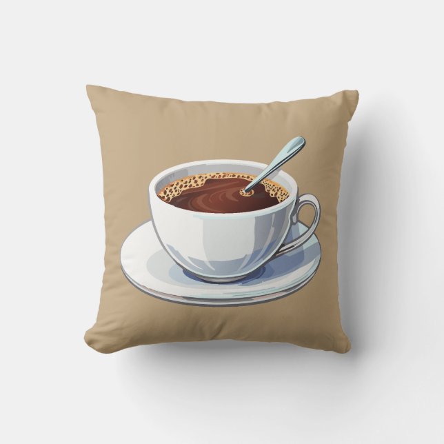 Vit kaffekopp på en tallrik fylld med kaffe kudde (Framsida)