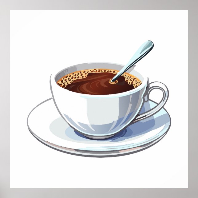 Vit kaffekopp på en tallrik fylld med kaffe poster (Framsidan)