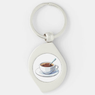 Vit kaffekopp på en tallrik fylld med kaffe swirl silverfärgad nyckelring