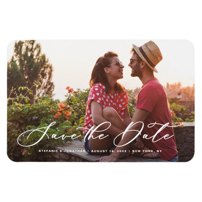 Vit, kalligrafiskt fotografi - spara datum magnet (Horisontell)