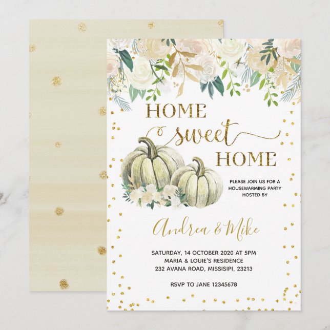 Vit kallsinbjudan till Pumpkin Home Sweet Inbjudningar (Fram/baksida)