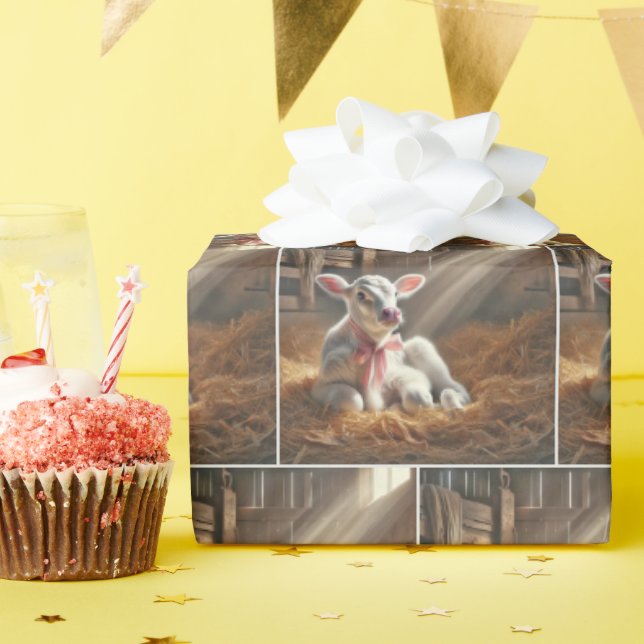 Vit kalv med Rosa blanksteg i stapel Presentpapper (Födelsedagsfest)