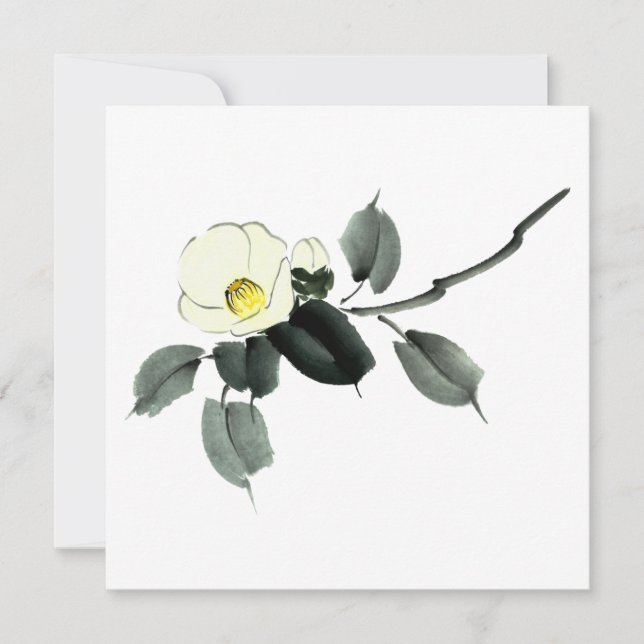 Vit kamellia sui bläck och japansk vattenfärg tack kort (Framsida)