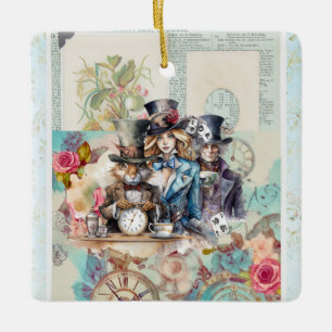 Vit kanin, Alice och mad Hatter i Top hat Julgransprydnad Keramik