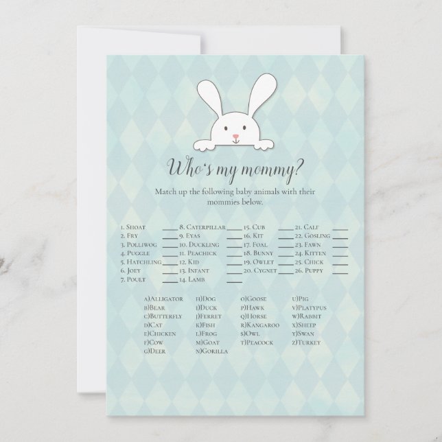 Vit kanin Baby Shower-spel för vem är min mamma Inbjudningar (Framsida)