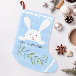 Vit kanin, blå rombform liten julstrumpa