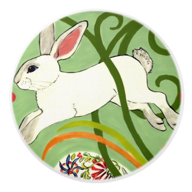 Vit kanin Grönt Art Deco Vines Drawer Drag Knopp (Framsidan)