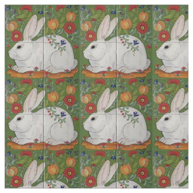 Vit kanin Grönt Blommigt Vår Påsk Fabric Art Tyg (Provkarta)