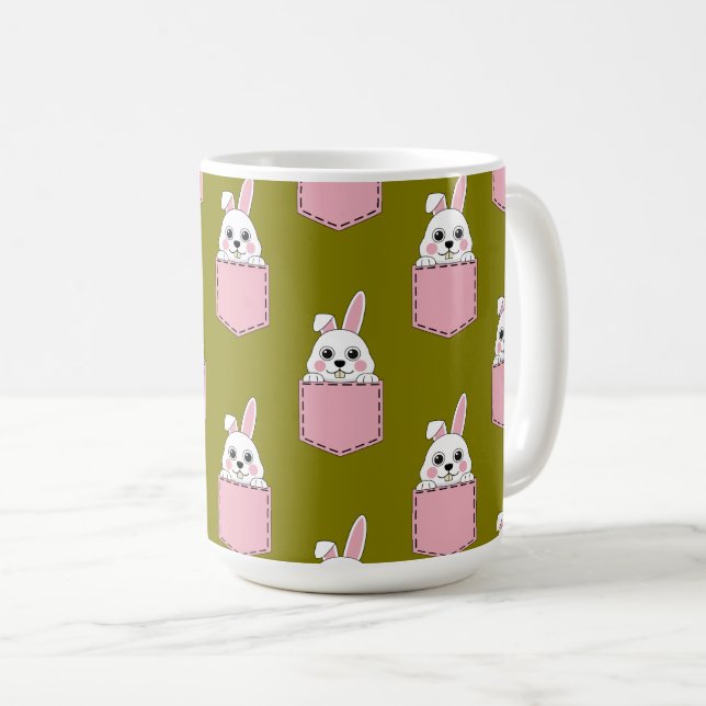 Vit kanin i rosa fickmönster kaffemugg (Framsida höger)