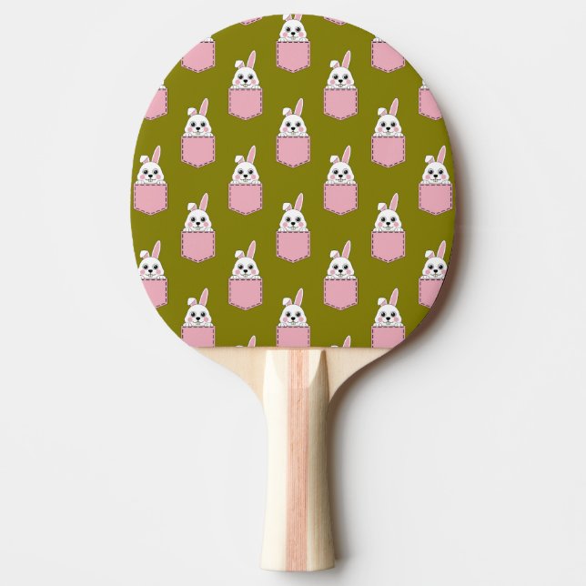 Vit kanin i rosa fickmönster pingisracket (Framsidan)