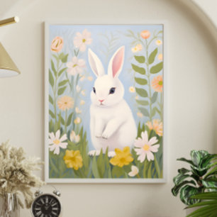 Vit kanin i vårblommor poster