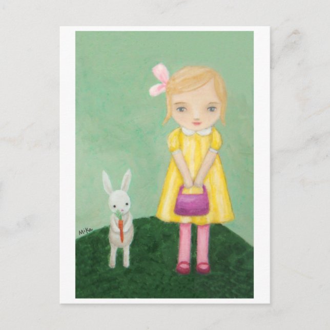 Vit kanin med Gult Dress Girl Card Vykort (Framsida)