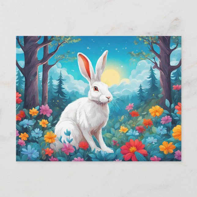Vit kanin med skogsblommor Natur  Helg Vykort (Framsida)