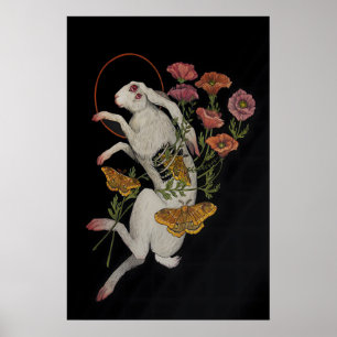 Vit kanin med vallmoväxter- Giclee Print från Poster