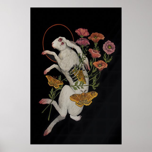 Vit kanin med vallmoväxter- Giclee Print från Poster (Framsidan)