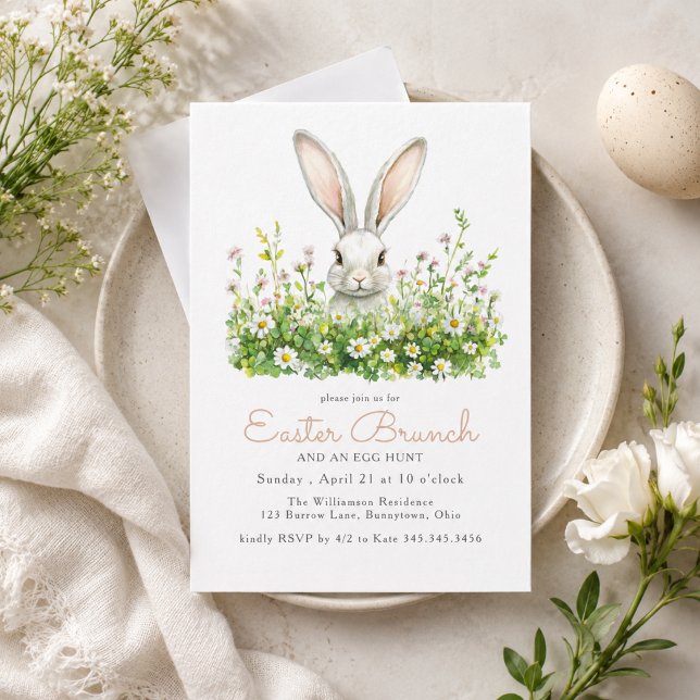 Vit kanin och blommor Påskfrukost Egg Hunt-inbjuda Inbjudningar (Add your Easter Brunch details to customize)