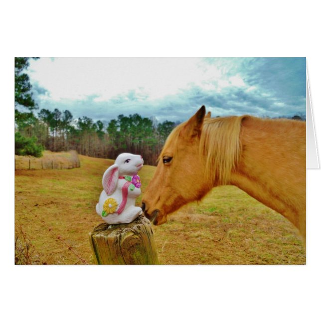 Vit kanin och Gult Horse Hälsningskort (Framsidan Horizontal)
