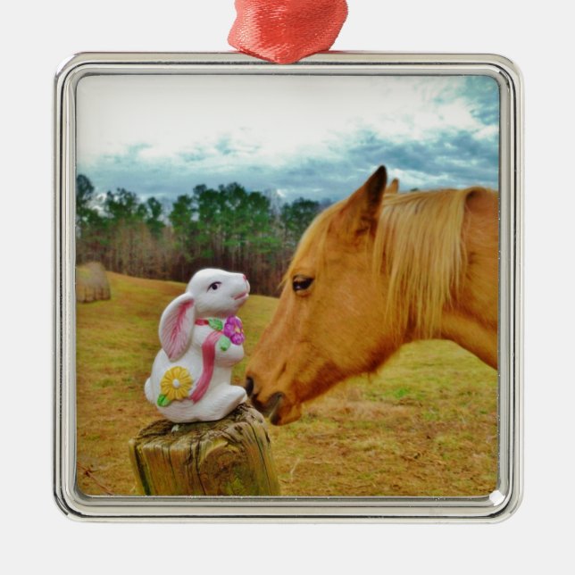 Vit kanin och Gult Horse Julgransprydnad Metall (Framsidan)