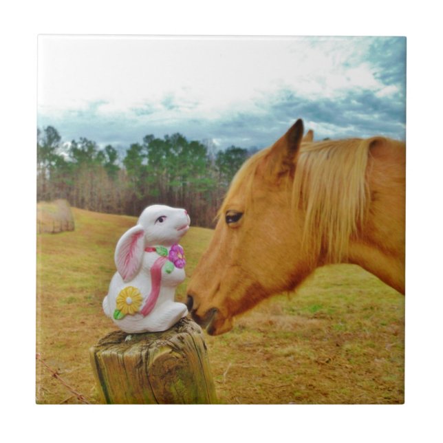 Vit kanin och Gult Horse Kakelplatta (Framsidan)