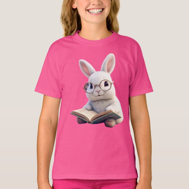 Vit kanin som läser Bok Kids grundläggande T-Shirt (Framsida)