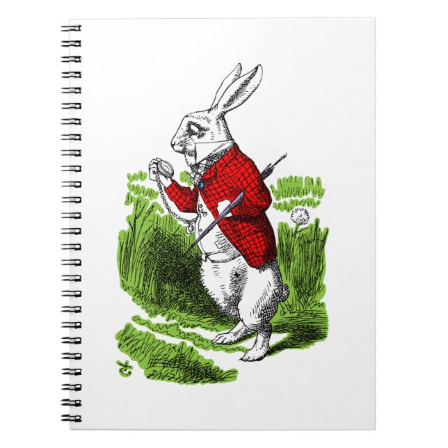 Vit kanin tittar vid klockan. Illustration Anteckningsbok (Framsidan)