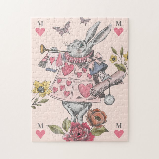 Vit kanin Vintage Alice i Wonderland Monogram Pussel (Vertikal)