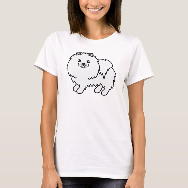 Vit Kappa Söt Tecknad Pomeranian Hund Konst Tee (Framsida)