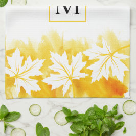 Vit kapsel gult i löv tvättar, monogram kökshandduk