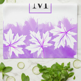 Vit kapsel löv lila vattenfärg tvättat, monogram kökshandduk