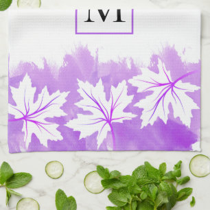 Vit kapsel löv lila vattenfärg tvättat, monogram kökshandduk