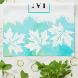 Vit kapsel löv vattenfärg tvättar och monogram kökshandduk