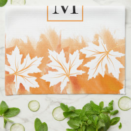 Vit kapsel orange i löv tvättar, monogram kökshandduk
