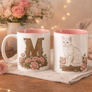 Vit Katt Blå Ögon Monogrammerad Mugg