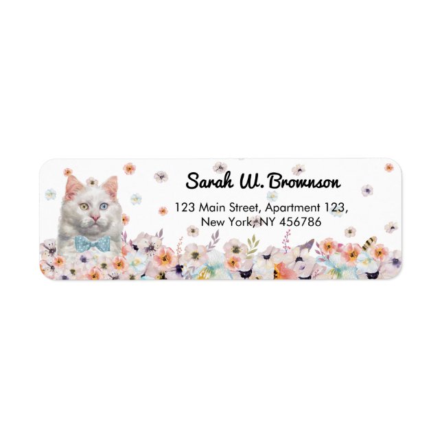 Vit katt blommor blå fluga returadress etikett (Framsidan)