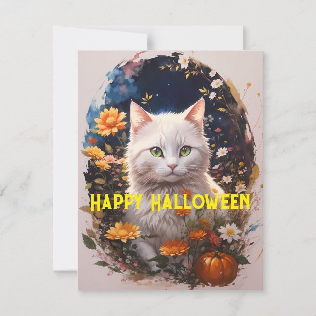 Vit Katt Flower Happy halloween Magic Julkort (Framsida)