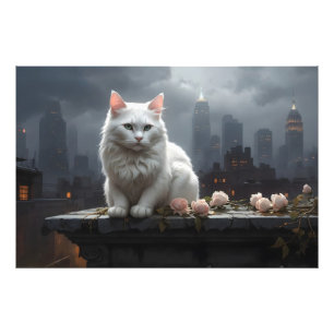 vit katt hög vid tak fototryck