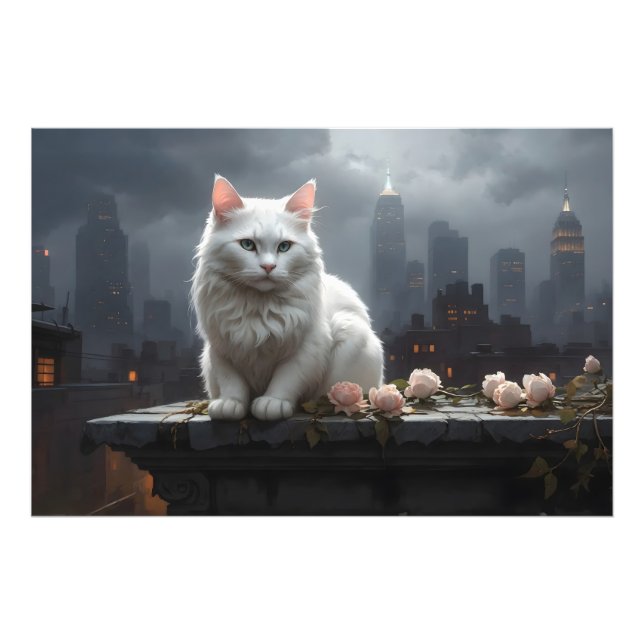 vit katt hög vid tak fototryck (Framsidan)