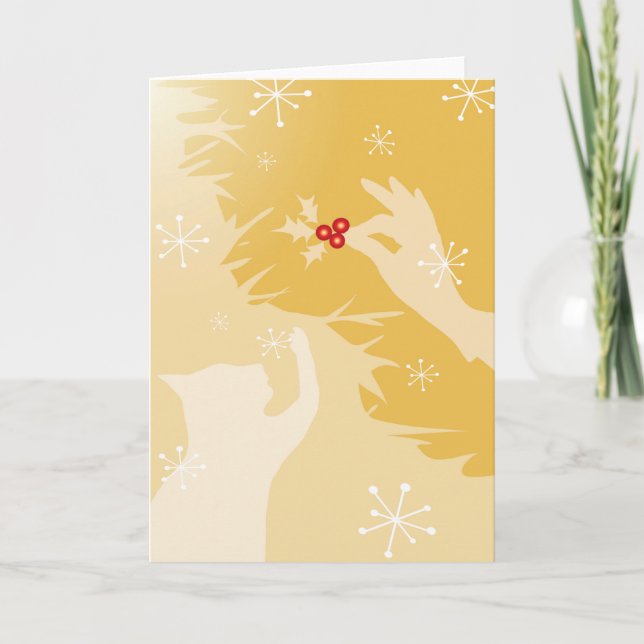 Vit Katt & Holly, i guld, Helgdag/julafton-kort Kort (Framsida)