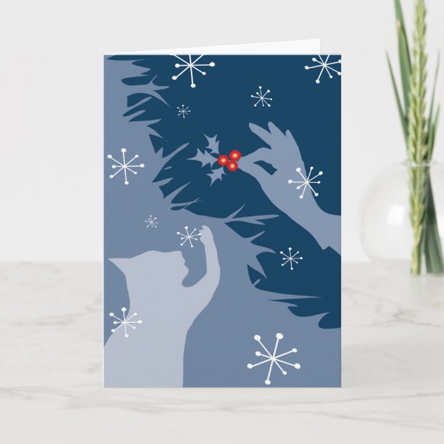 Vit katt & holly, vid midnatt, Helgdag/julafton-ko Kort (Framsida)