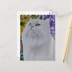 Vit katt i blommor collage vykort