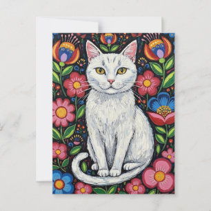 Vit katt i Colorful Folk Art Flowers Vykort