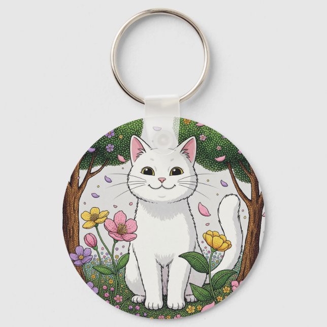 Vit katt i en färgrik trädgård nyckelring (Framsida)