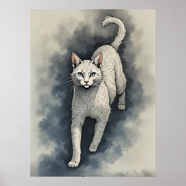 Vit katt i en kinesisk tuschteckningsstil poster (Framsidan)