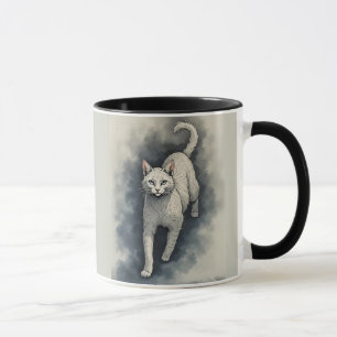 Vit katt i en kinesisk tuschteckningstil mugg