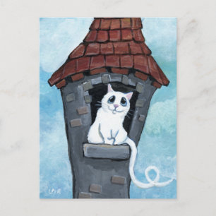 Vit katt i ett Fairy Tale Torn-vykort Vykort