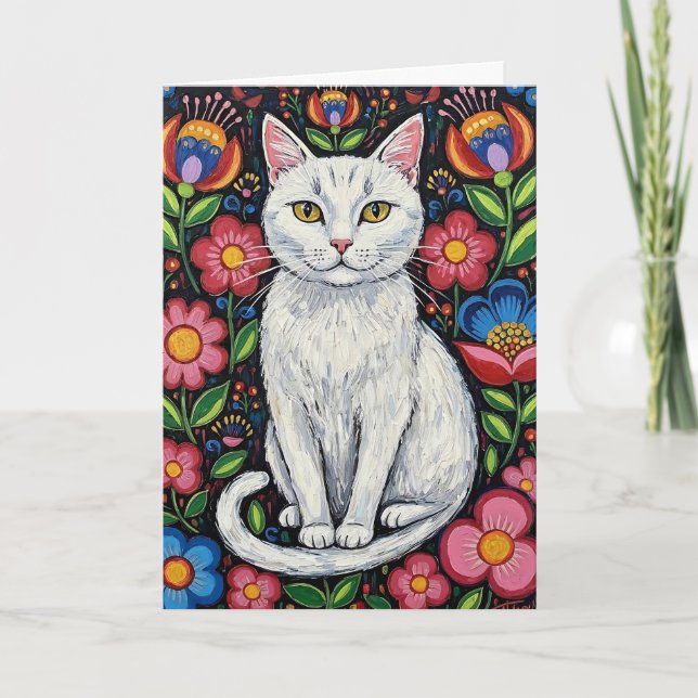 Vit katt i färgglada folkloristiska blommor kort (Framsida)