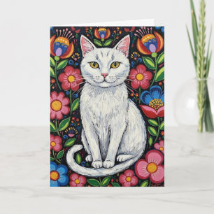 Vit katt i färgglada folkloristiska blommor kort