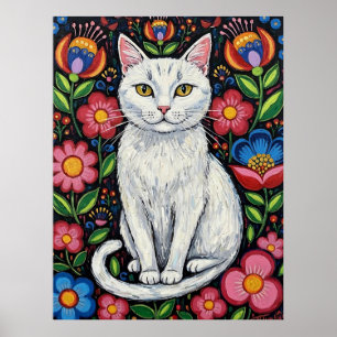 Vit katt i färgglada folkloristiska blommor poster