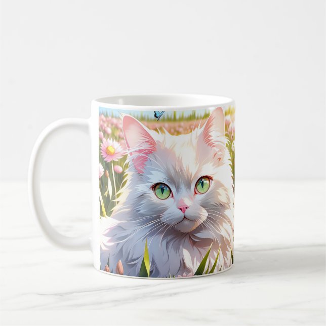 Vit Katt i Flower Fält AI Art Kaffemugg (Vänster)